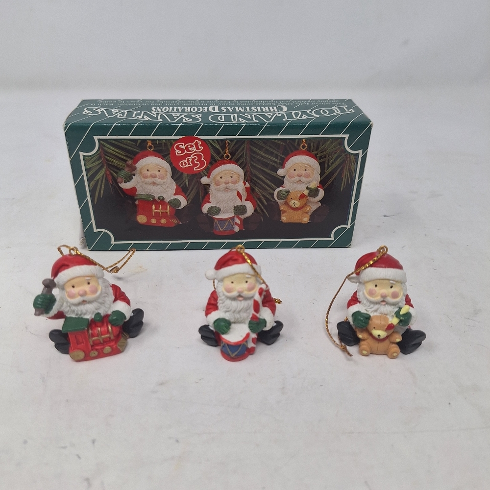 Vintage Toyland Santa Christmas Ornaments Set Of 3 Hanging Holiday Decorations